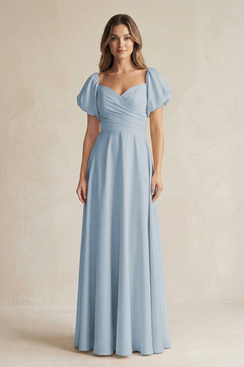 Sweetheart Puff Sleeve A - Line Chiffon Bridesmaid Dress in Dusty Blue - SHE IS ME Bridesmaid Dresses