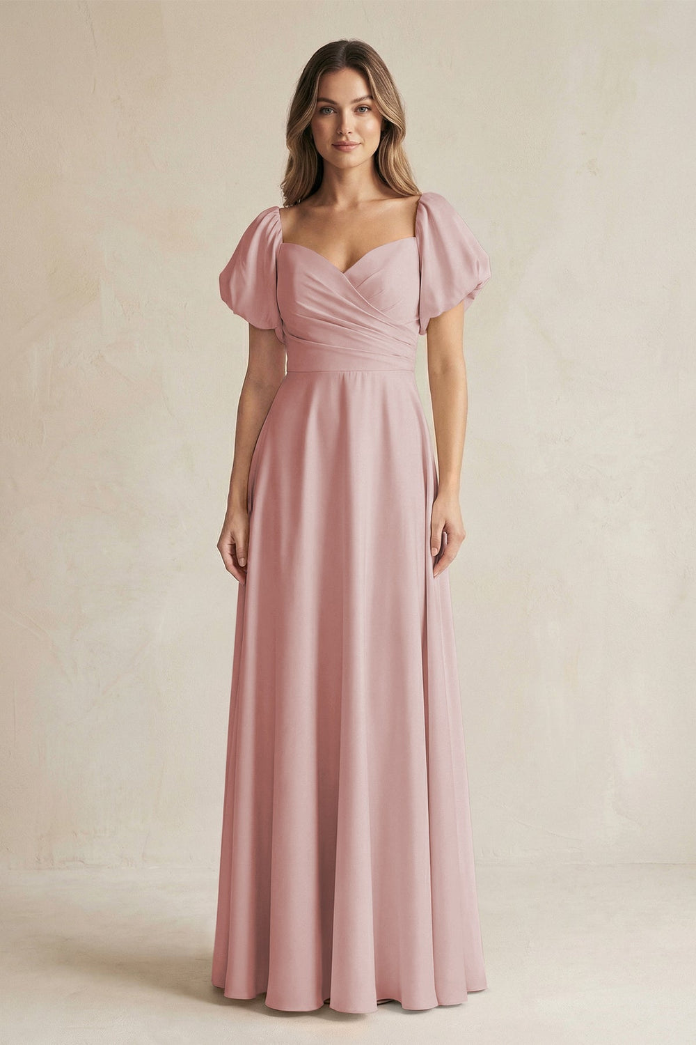 Sweetheart Puff Sleeve A - Line Chiffon Bridesmaid Dress in Dusty Rose - SHE IS ME Bridesmaid Dresses
