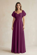Sweetheart Puff Sleeve A - Line Chiffon Bridesmaid Dress in Fig - SHE IS ME Bridesmaid Dresses