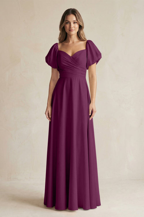 Sweetheart Puff Sleeve A - Line Chiffon Bridesmaid Dress in Fig - SHE IS ME Bridesmaid Dresses