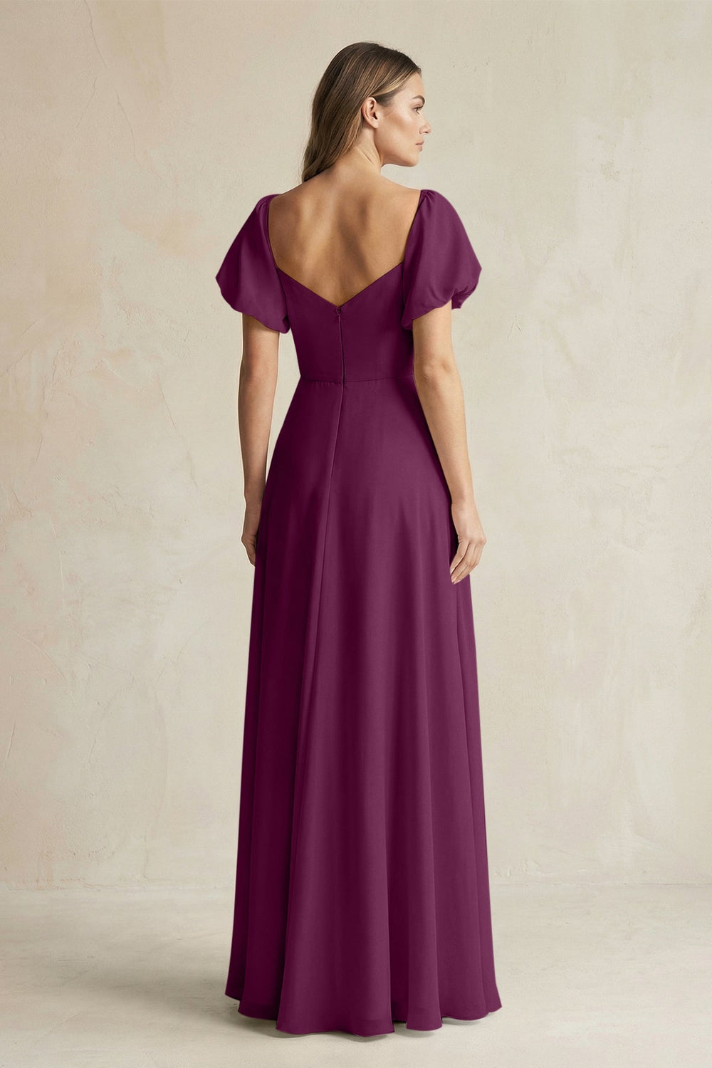 Sweetheart Puff Sleeve A - Line Chiffon Bridesmaid Dress in Fig - SHE IS ME Bridesmaid Dresses