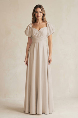 Sweetheart Puff Sleeve A - Line Chiffon Bridesmaid Dress in Frost - SHE IS ME Bridesmaid Dresses