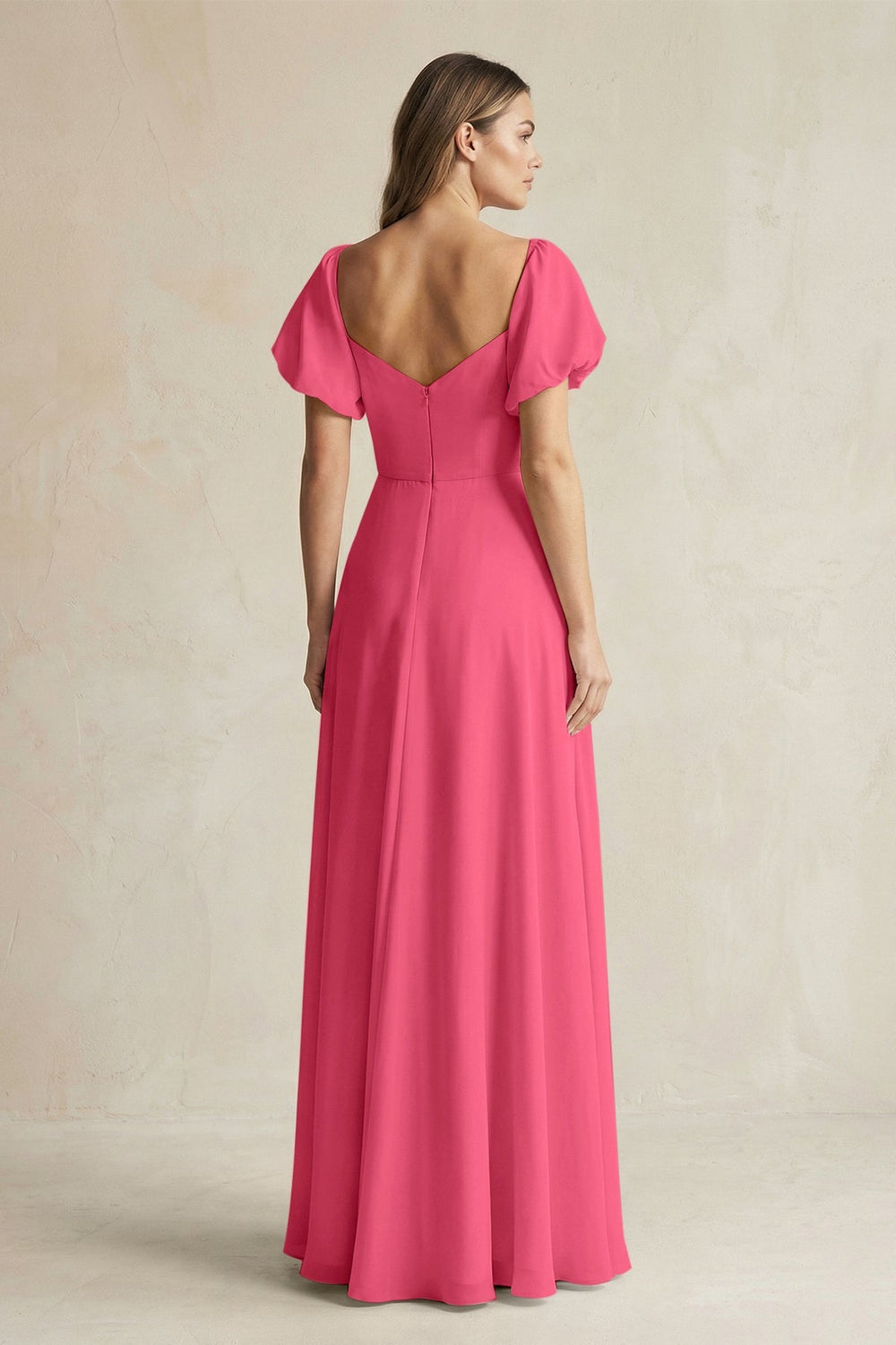 Sweetheart Puff Sleeve A - Line Chiffon Bridesmaid Dress in Fuchsia - SHE IS ME Bridesmaid Dresses