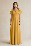 Sweetheart Puff Sleeve A - Line Chiffon Bridesmaid Dress in Marigold - SHE IS ME Bridesmaid Dresses