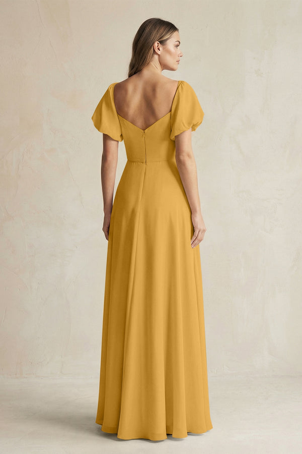 Sweetheart Puff Sleeve A - Line Chiffon Bridesmaid Dress in Marigold - SHE IS ME Bridesmaid Dresses