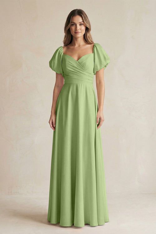 Sweetheart Puff Sleeve A - Line Chiffon Bridesmaid Dress in Matcha - SHE IS ME Bridesmaid Dresses