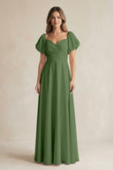 Sweetheart Puff Sleeve A - Line Chiffon Bridesmaid Dress in Moss - SHE IS ME Bridesmaid Dresses