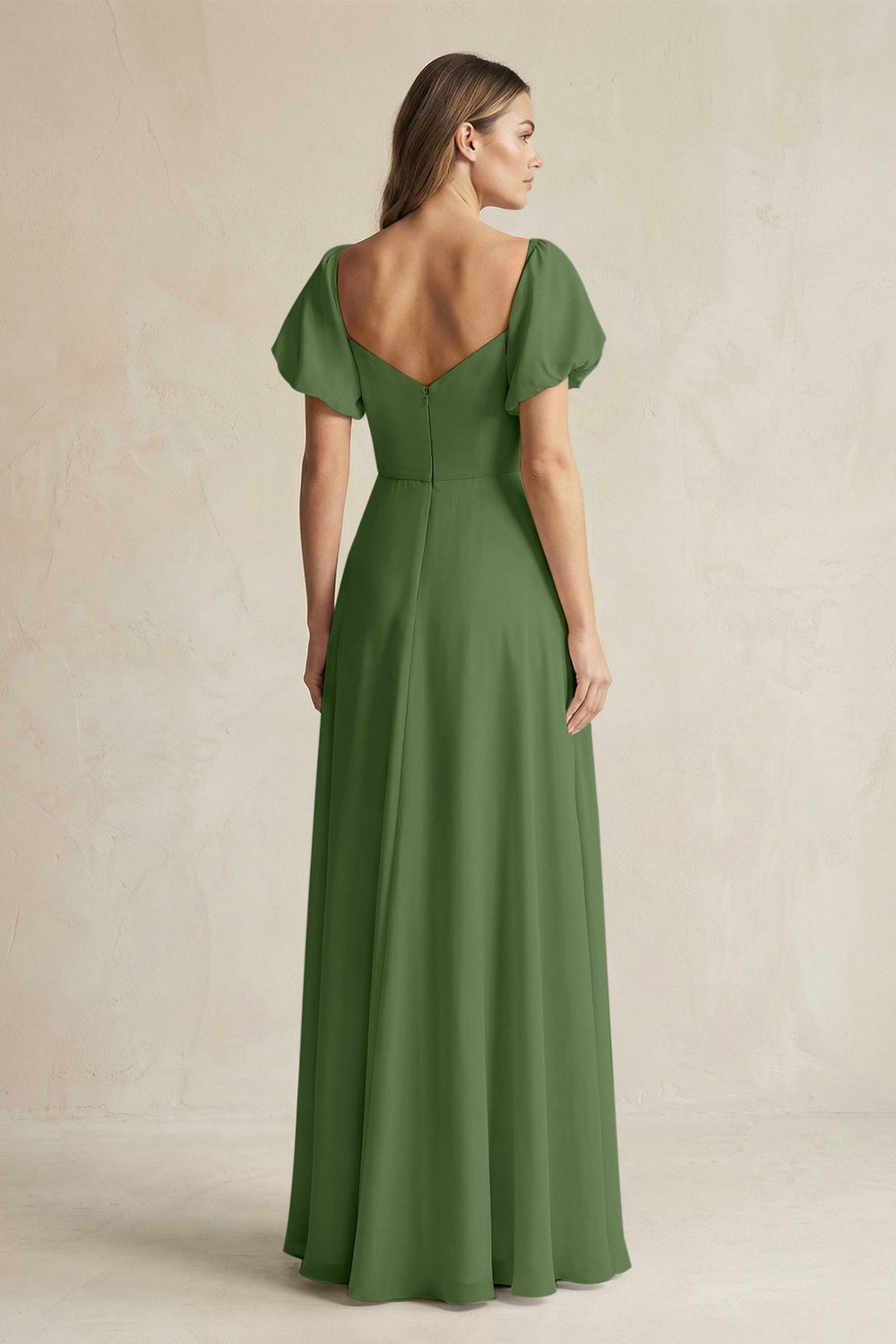 Sweetheart Puff Sleeve A - Line Chiffon Bridesmaid Dress in Moss - SHE IS ME Bridesmaid Dresses
