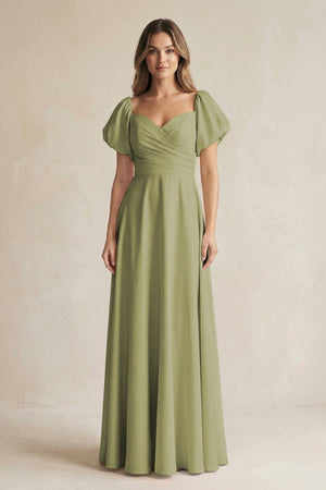 Sweetheart Puff Sleeve A - Line Chiffon Bridesmaid Dress in Moss Green - SHE IS ME Bridesmaid Dresses