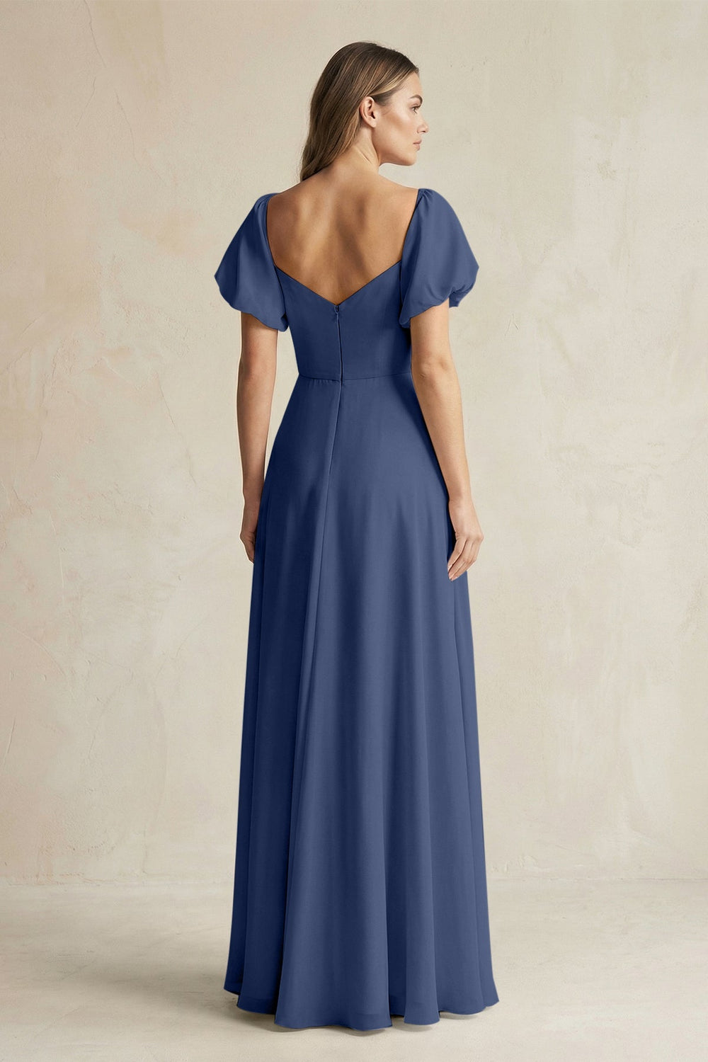 Sweetheart Puff Sleeve A - Line Chiffon Bridesmaid Dress in Navy - SHE IS ME Bridesmaid Dresses