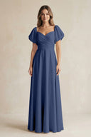 Sweetheart Puff Sleeve A - Line Chiffon Bridesmaid Dress in Navy - SHE IS ME Bridesmaid Dresses