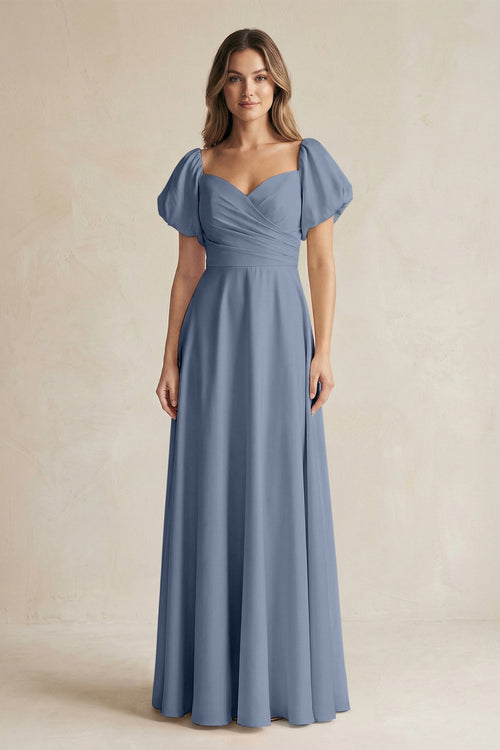 Sweetheart Puff Sleeve A - Line Chiffon Bridesmaid Dress in Neptune - SHE IS ME Bridesmaid Dresses