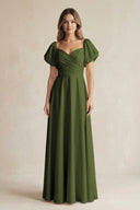 Sweetheart Puff Sleeve A - Line Chiffon Bridesmaid Dress in Olive - SHE IS ME Bridesmaid Dresses