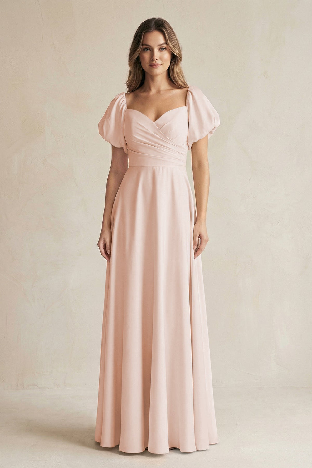 Sweetheart Puff Sleeve A - Line Chiffon Bridesmaid Dress in Pale Blush - SHE IS ME Bridesmaid Dresses