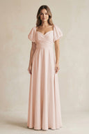 Sweetheart Puff Sleeve A - Line Chiffon Bridesmaid Dress in Pale Blush - SHE IS ME Bridesmaid Dresses