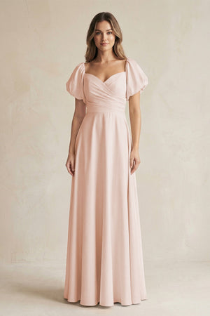 Sweetheart Puff Sleeve A - Line Chiffon Bridesmaid Dress in Pale Blush - SHE IS ME Bridesmaid Dresses