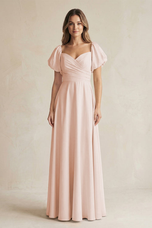 Sweetheart Puff Sleeve A - Line Chiffon Bridesmaid Dress in Pale Blush - SHE IS ME Bridesmaid Dresses