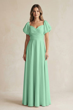Sweetheart Puff Sleeve A - Line Chiffon Bridesmaid Dress in Pale Pistachio - SHE IS ME Bridesmaid Dresses
