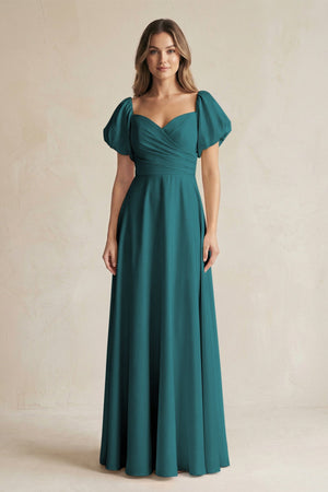 Sweetheart Puff Sleeve A - Line Chiffon Bridesmaid Dress in Pine - SHE IS ME Bridesmaid Dresses