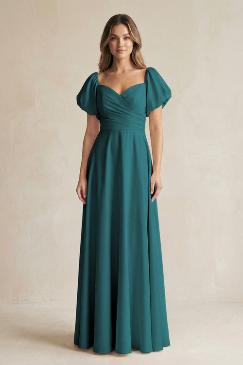 Sweetheart Puff Sleeve A - Line Chiffon Bridesmaid Dress in Pine - SHE IS ME Bridesmaid Dresses