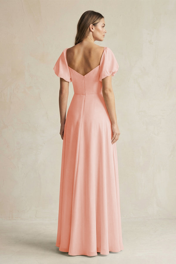 Sweetheart Puff Sleeve A - Line Chiffon Bridesmaid Dress in Rose Petal - SHE IS ME Bridesmaid Dresses