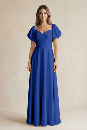Sweetheart Puff Sleeve A - Line Chiffon Bridesmaid Dress in Royal Blue - SHE IS ME Bridesmaid Dresses