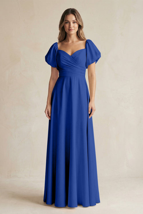 Sweetheart Puff Sleeve A - Line Chiffon Bridesmaid Dress in Royal Blue - SHE IS ME Bridesmaid Dresses