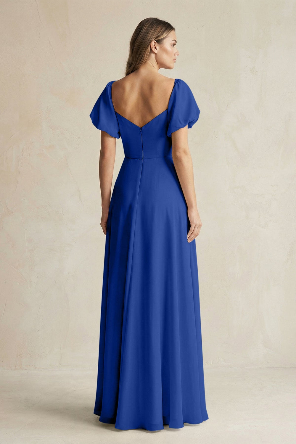Sweetheart Puff Sleeve A - Line Chiffon Bridesmaid Dress in Royal Blue - SHE IS ME Bridesmaid Dresses