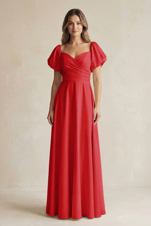 Sweetheart Puff Sleeve A - Line Chiffon Bridesmaid Dress in Ruby Red - SHE IS ME Bridesmaid Dresses