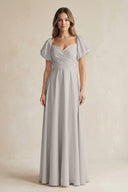 Sweetheart Puff Sleeve A - Line Chiffon Bridesmaid Dress in Silver - SHE IS ME Bridesmaid Dresses