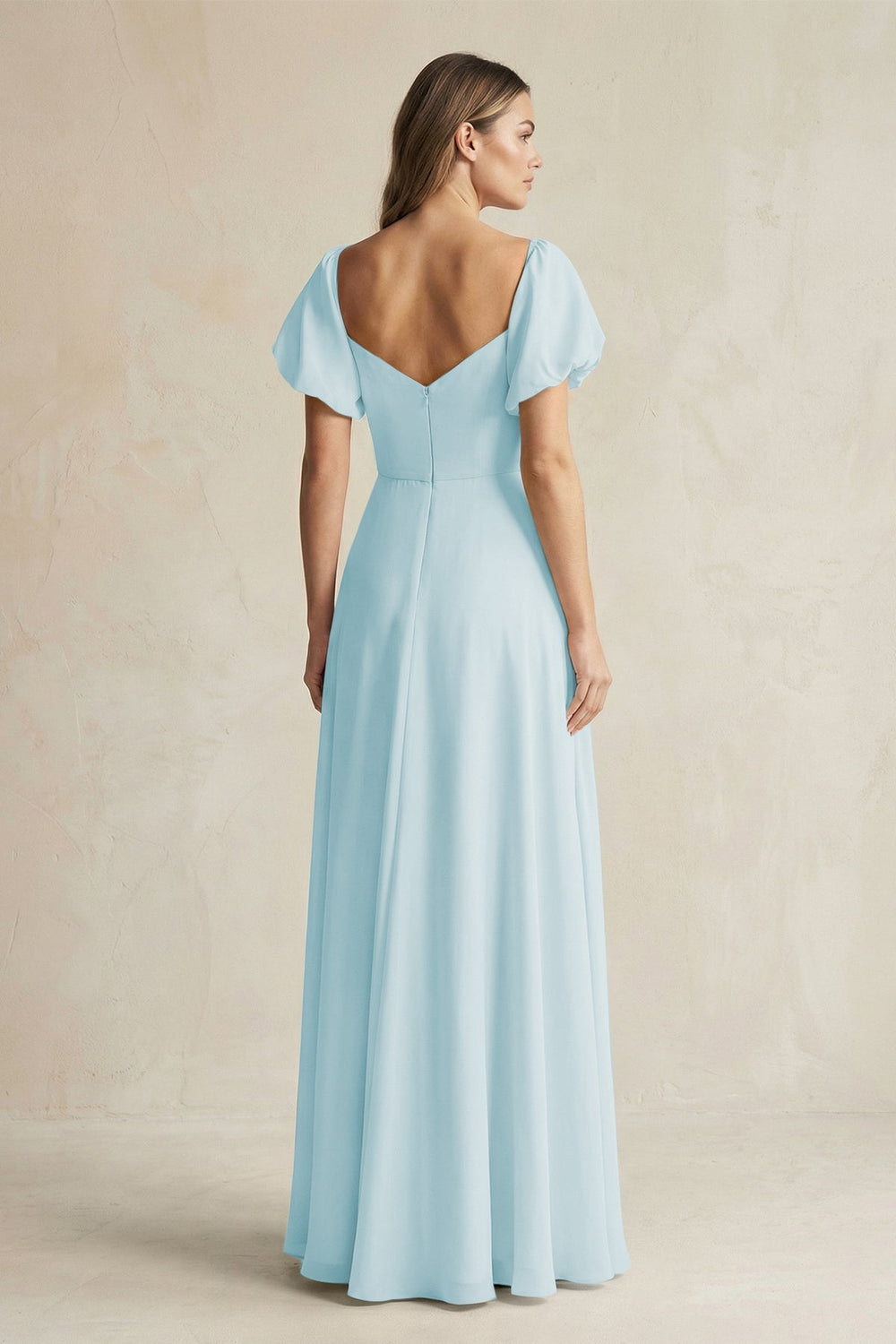 Sweetheart Puff Sleeve A - Line Chiffon Bridesmaid Dress in Sky Blue - SHE IS ME Bridesmaid Dresses
