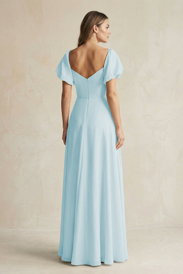 Sweetheart Puff Sleeve A - Line Chiffon Bridesmaid Dress in Sky Blue - SHE IS ME Bridesmaid Dresses