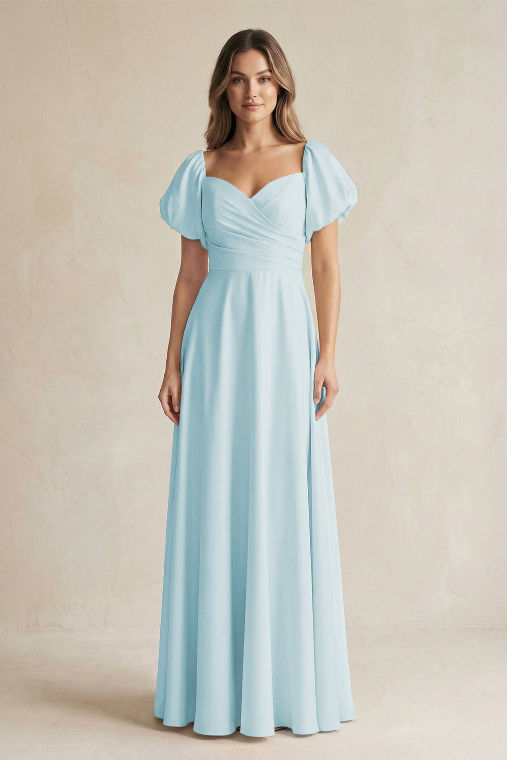 Sweetheart Puff Sleeve A - Line Chiffon Bridesmaid Dress in Sky Blue - SHE IS ME Bridesmaid Dresses