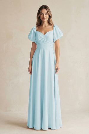 Sweetheart Puff Sleeve A - Line Chiffon Bridesmaid Dress in Sky Blue - SHE IS ME Bridesmaid Dresses