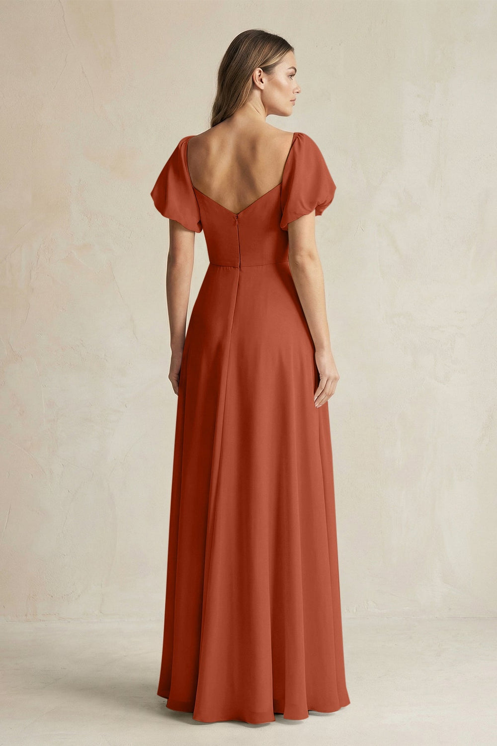 Sweetheart Puff Sleeve A - Line Chiffon Bridesmaid Dress in Spice - SHE IS ME Bridesmaid Dresses