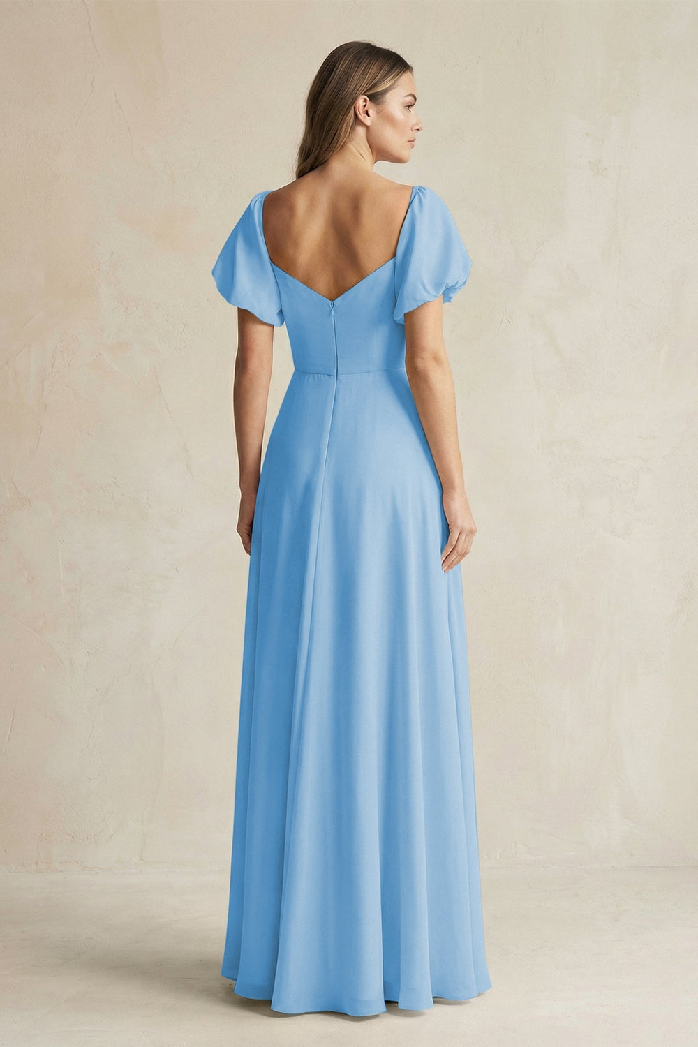 Sweetheart Puff Sleeve A - Line Chiffon Bridesmaid Dress in Steel Blue - SHE IS ME Bridesmaid Dresses