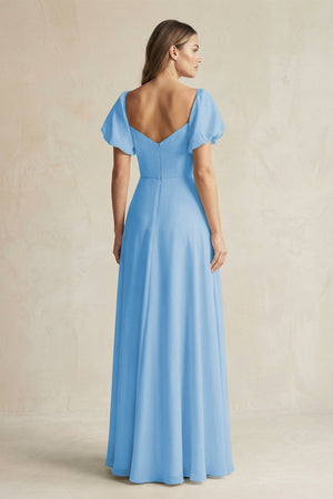 Sweetheart Puff Sleeve A - Line Chiffon Bridesmaid Dress in Steel Blue - SHE IS ME Bridesmaid Dresses