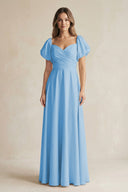 Sweetheart Puff Sleeve A - Line Chiffon Bridesmaid Dress in Steel Blue - SHE IS ME Bridesmaid Dresses