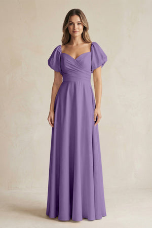 Sweetheart Puff Sleeve A - Line Chiffon Bridesmaid Dress in Tahiti - SHE IS ME Bridesmaid Dresses