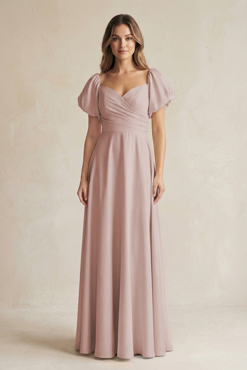 Sweetheart Puff Sleeve A - Line Chiffon Bridesmaid Dress in Toffee - SHE IS ME Bridesmaid Dresses