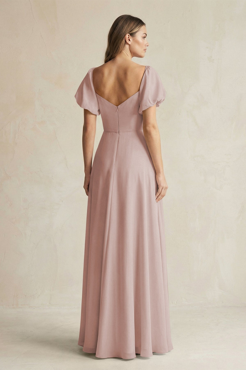 Sweetheart Puff Sleeve A - Line Chiffon Bridesmaid Dress in Toffee - SHE IS ME Bridesmaid Dresses