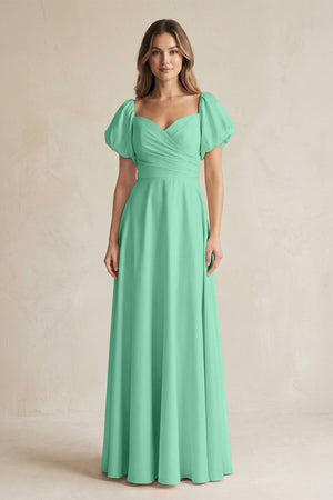 Sweetheart Puff Sleeve A - Line Chiffon Bridesmaid Dress in Turquoise - SHE IS ME Bridesmaid Dresses