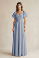 Sweetheart Puff Sleeve A - Line Chiffon Bridesmaid Dress in Twilight - SHE IS ME Bridesmaid Dresses