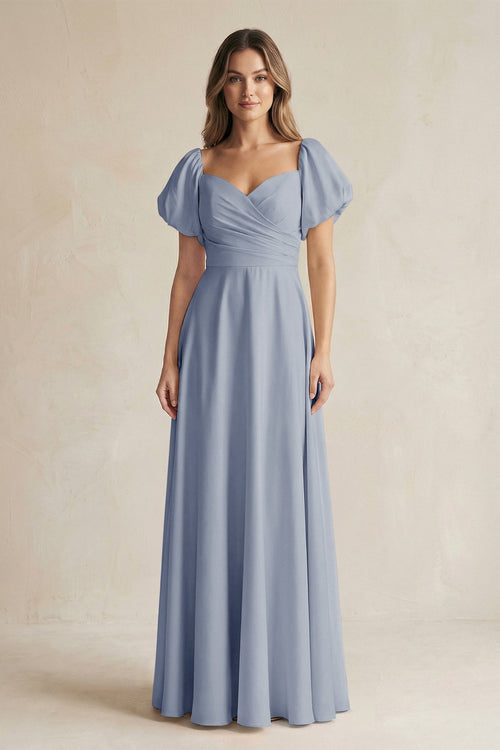 Sweetheart Puff Sleeve A - Line Chiffon Bridesmaid Dress in Twilight - SHE IS ME Bridesmaid Dresses