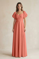 Sweetheart Puff Sleeve A - Line Chiffon Bridesmaid Dress in Wild Rose - SHE IS ME Bridesmaid Dresses