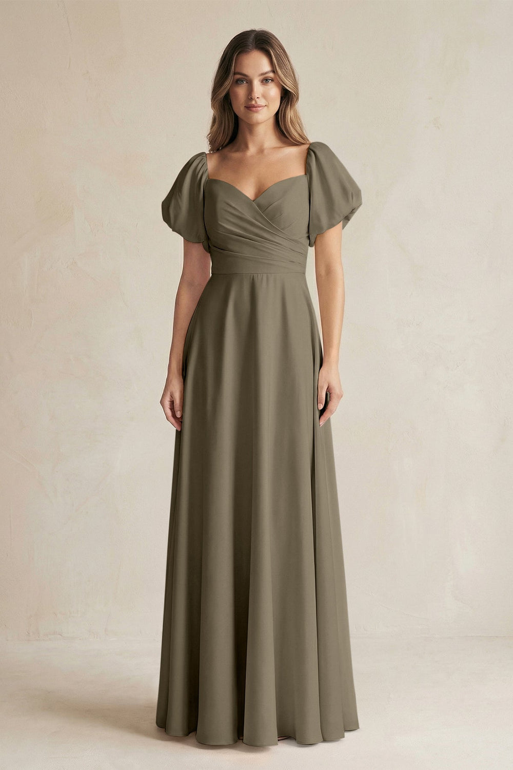 Sweetheart Puff Sleeve A - Line Chiffon Bridesmaid Dress in Willow Green - SHE IS ME Bridesmaid Dresses
