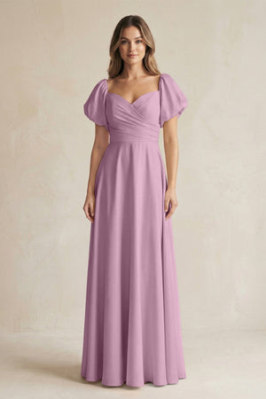 Sweetheart Puff Sleeve A - Line Chiffon Bridesmaid Dress in Wisteria - SHE IS ME Bridesmaid Dresses