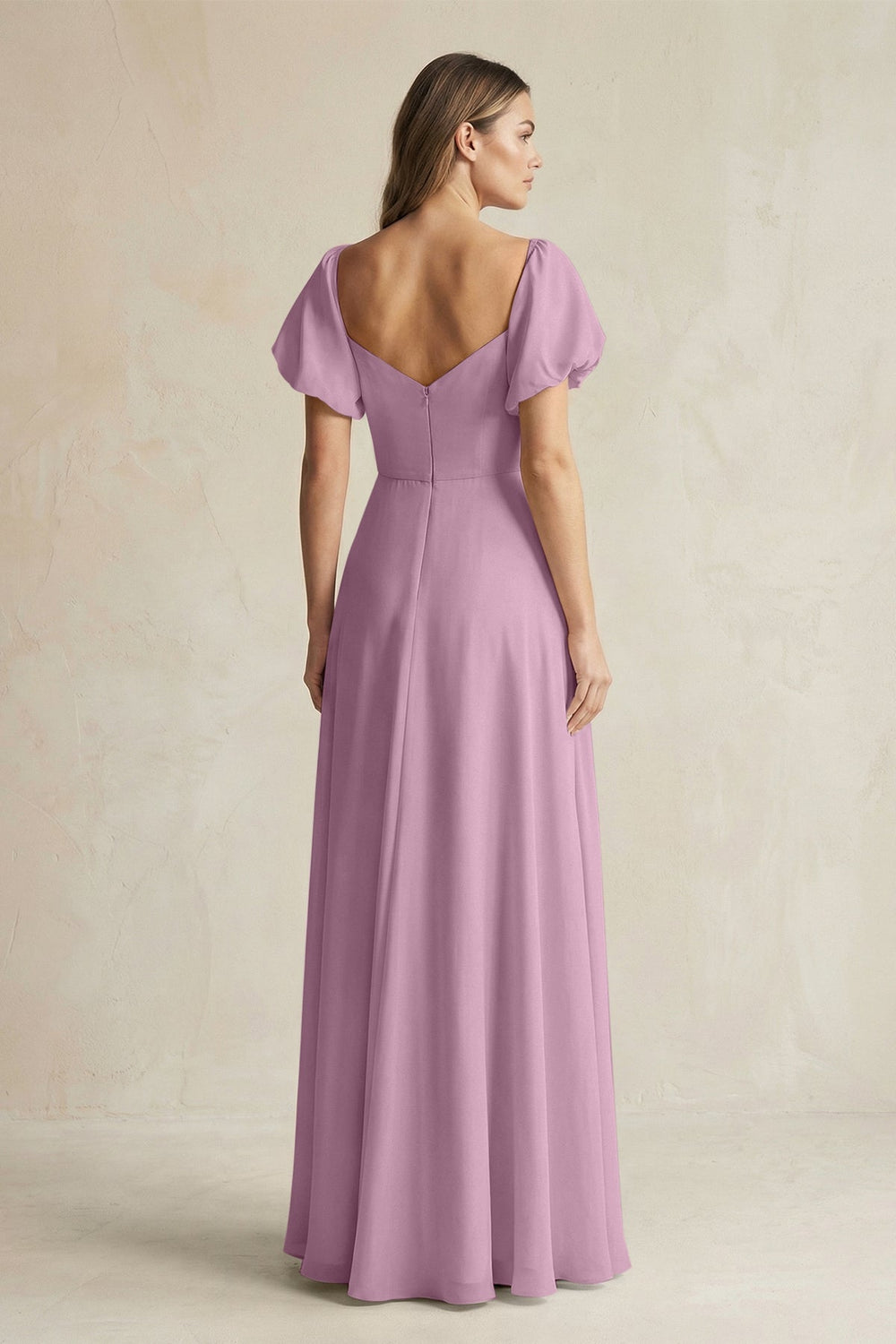 Sweetheart Puff Sleeve A - Line Chiffon Bridesmaid Dress in Wisteria - SHE IS ME Bridesmaid Dresses