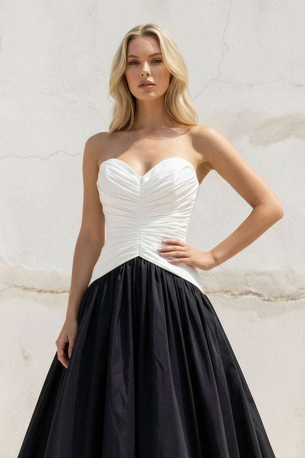 Sweetheart Ruched Gown in Black and White - SHE IS ME