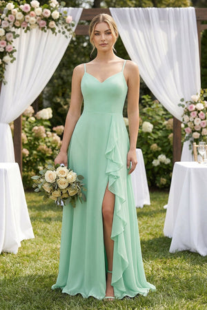 Sweetheart Ruffled A-Line Chiffon Bridesmaid Dress with Slit in Pale Pistachio - SHE IS ME BRIDESMAID DRESSES
